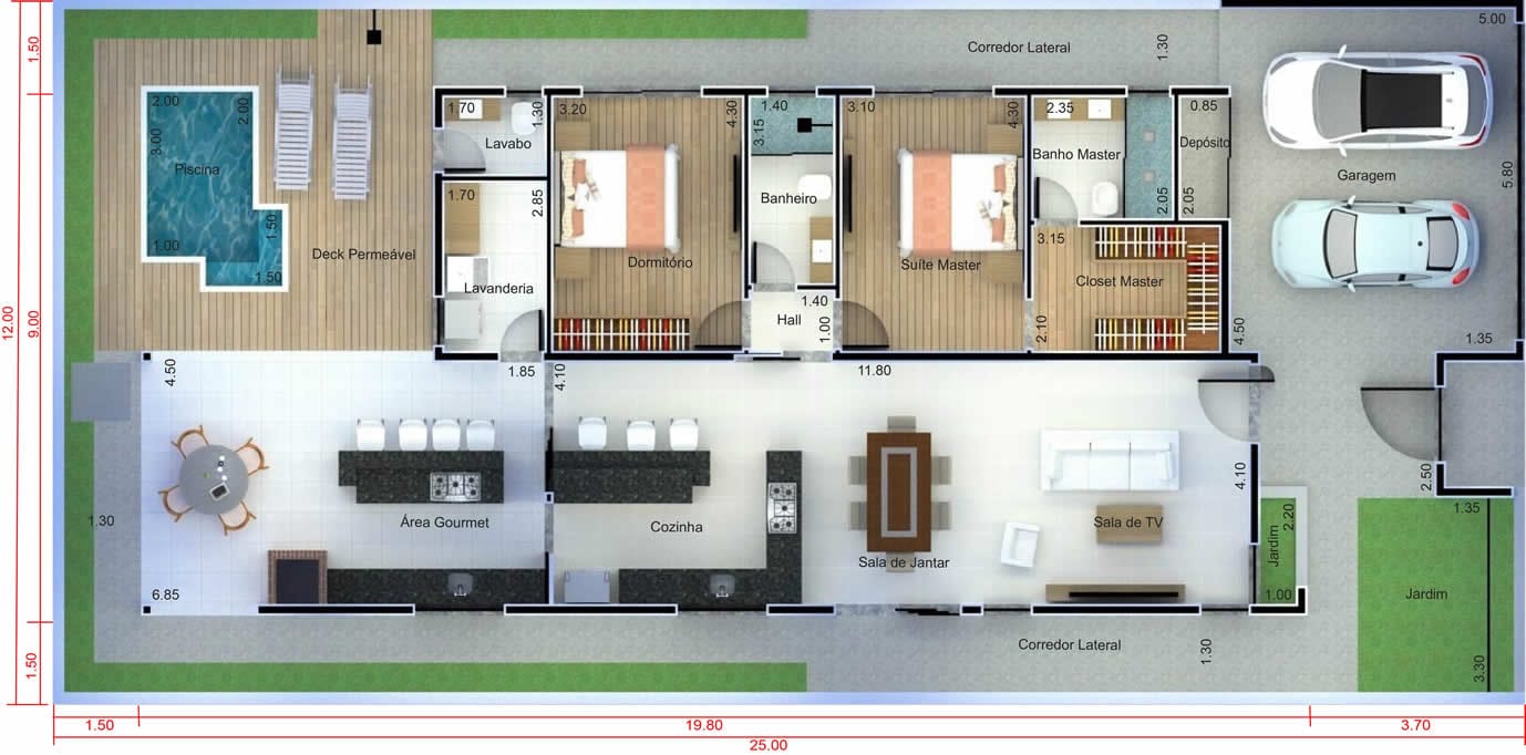 Planta de casa com quarto na frente. Planta para terreno 12x25