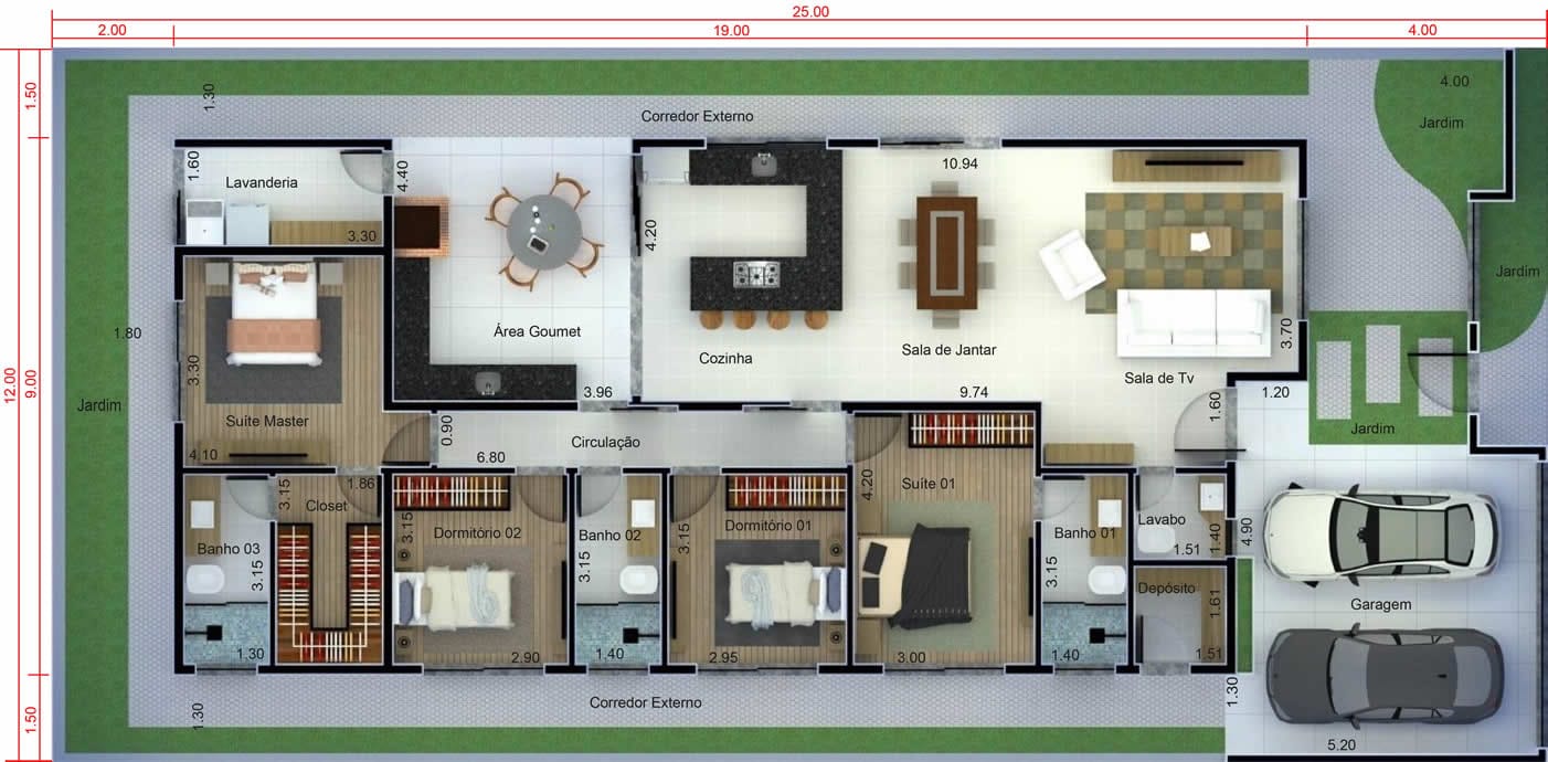 Planta de casa térrea com 4 quartos. Planta para terreno 12x25