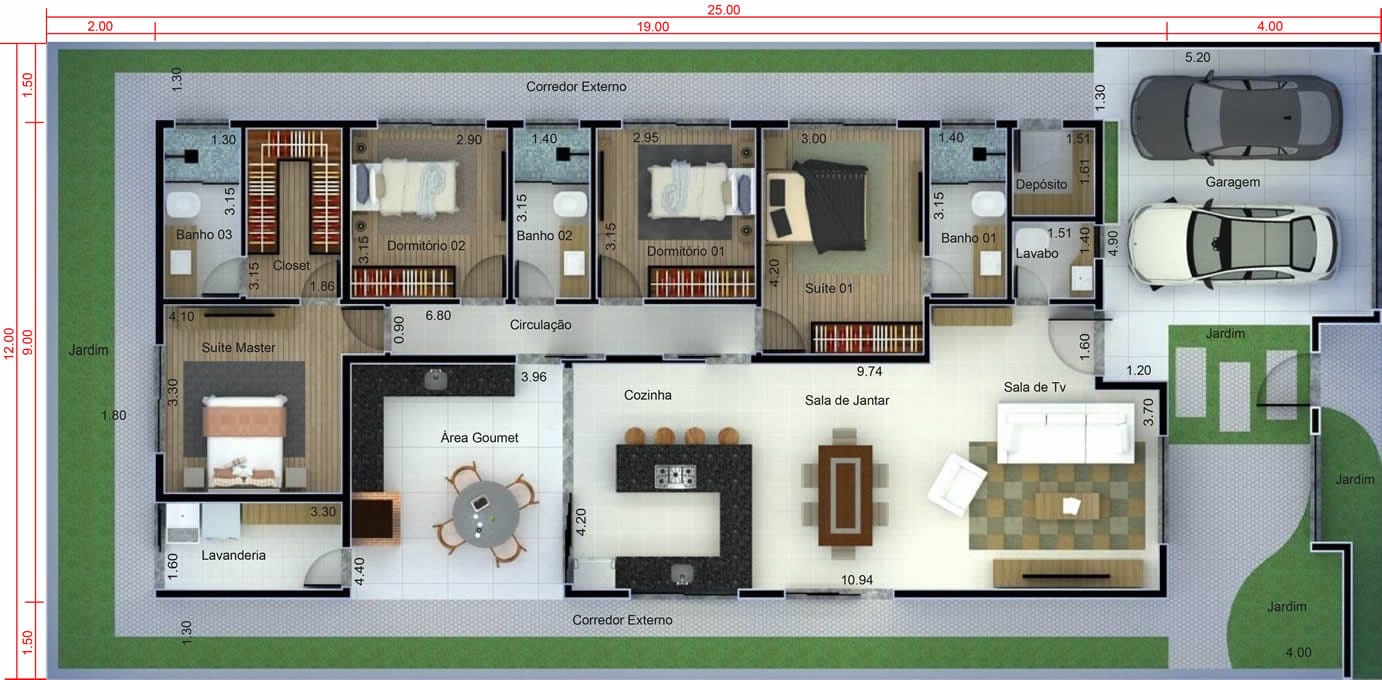 Planta de casa térrea com 4 quartos. Planta para terreno 12x25