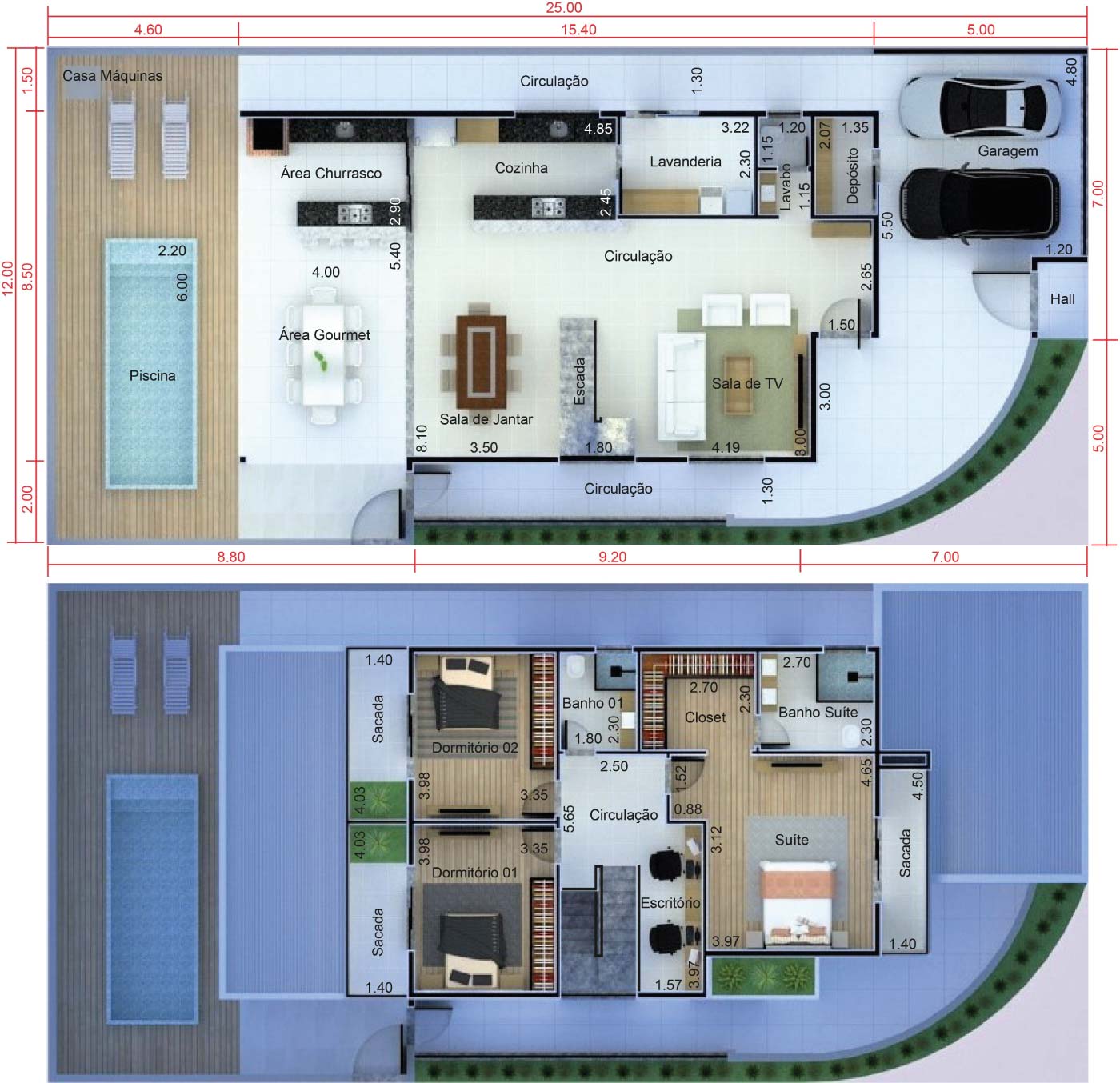 Planta de sobrado de esquina. Planta para terreno 12x25