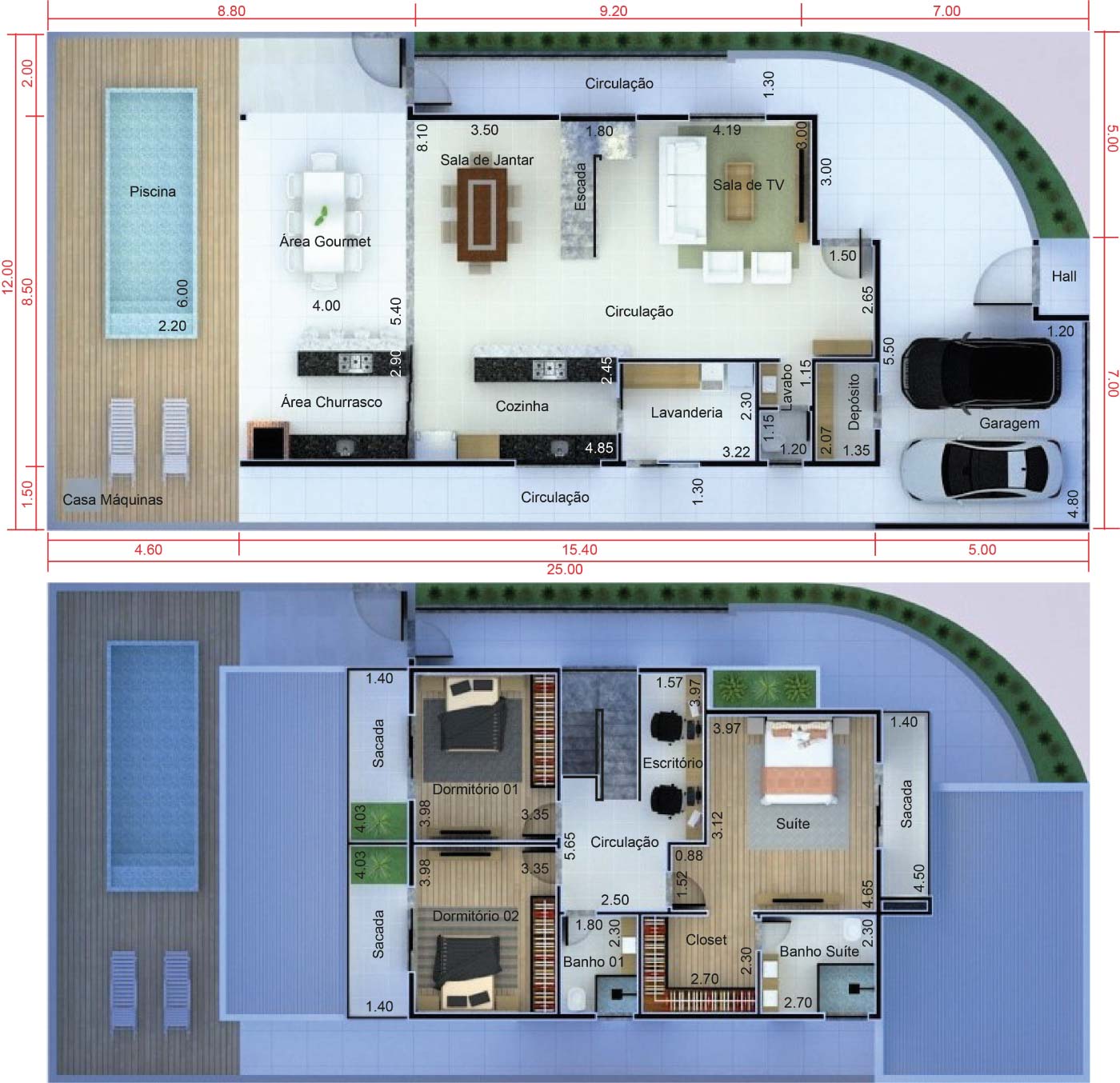 Planta de sobrado de esquina. Planta para terreno 12x25