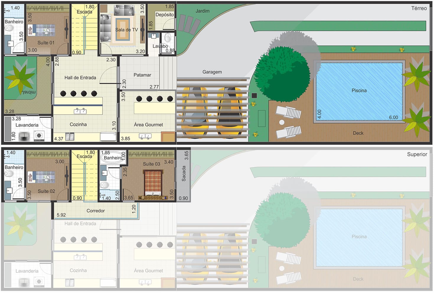 Planta de sobrado estilo chalé com 3 suítes. Planta para terreno 10x30