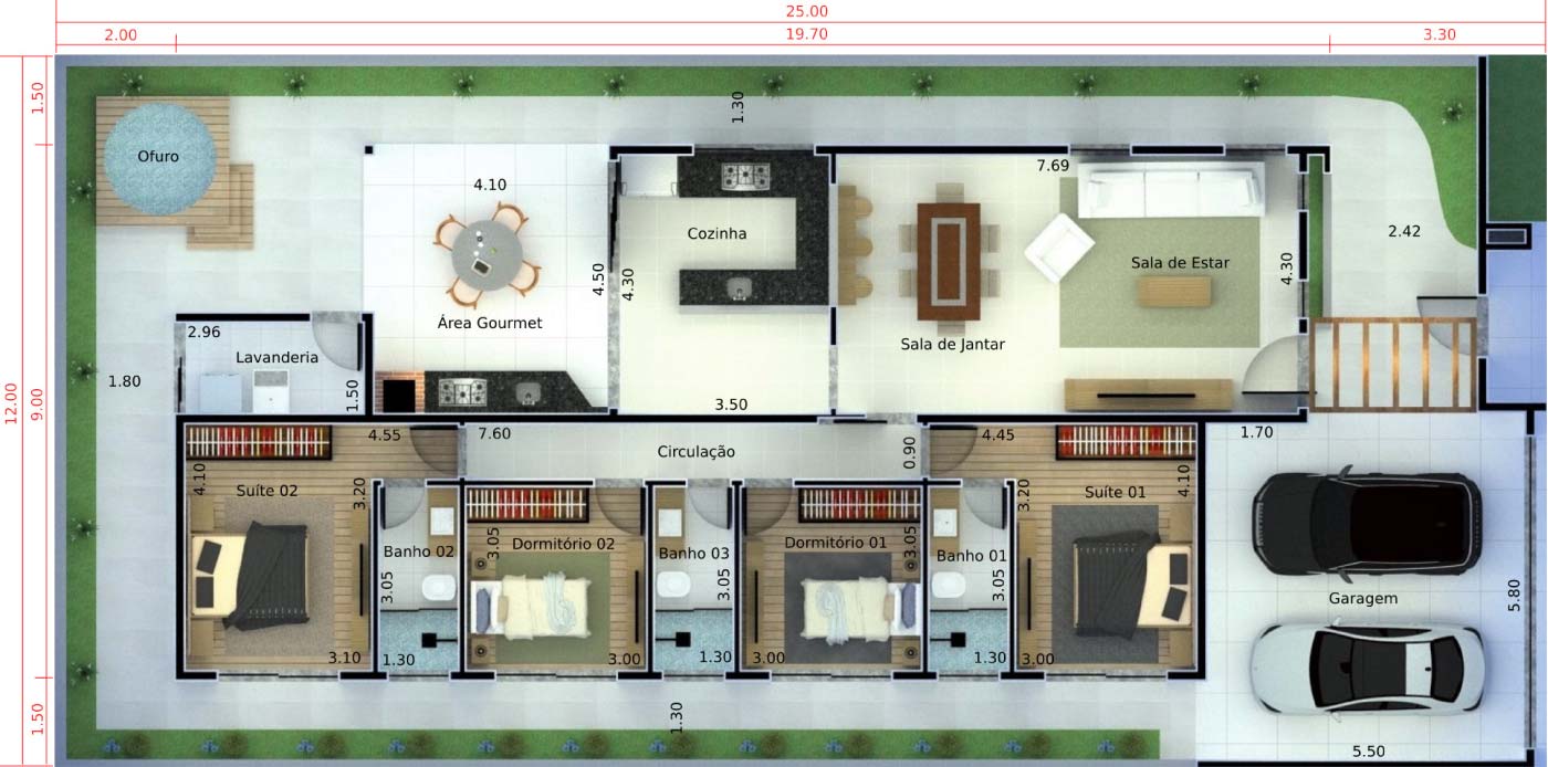 Planta de casa térrea com 4 quartos. Planta para terreno 12x25