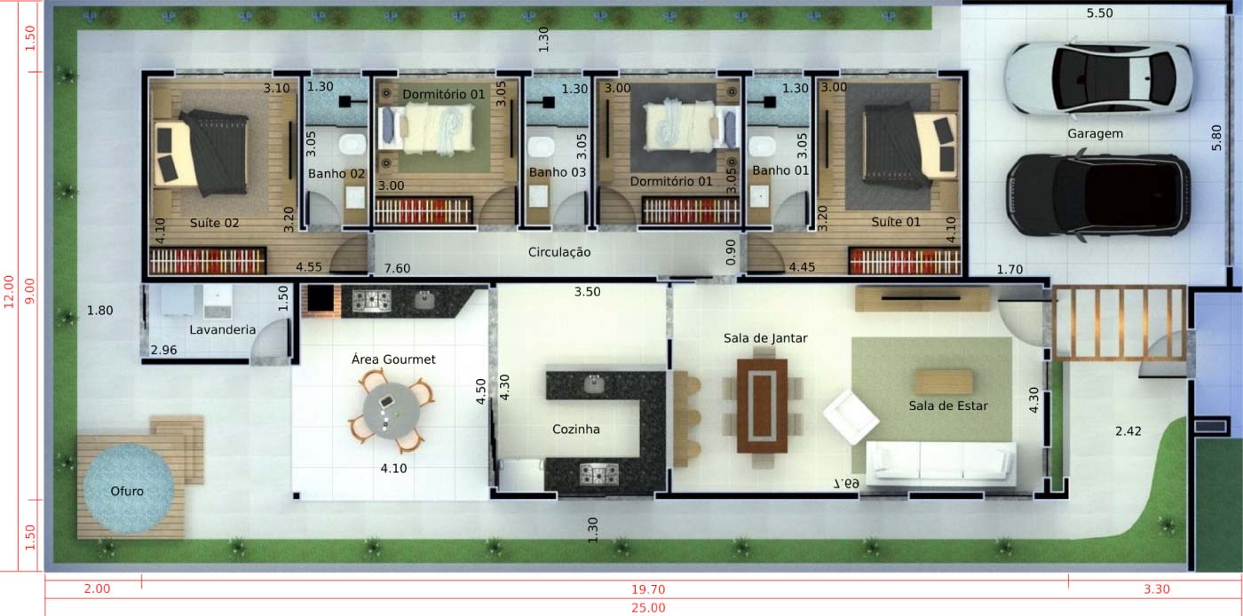 Planta de casa térrea com 4 quartos. Planta para terreno 12x25