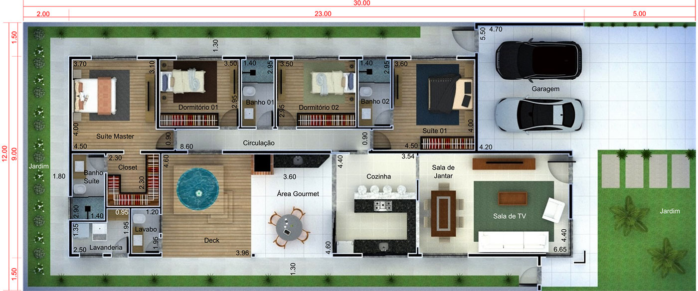 Planta de casa moderna com 4 quartos. Planta para terreno 12x30