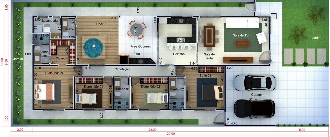 Planta de casa moderna com 4 quartos. Planta para terreno 12x30