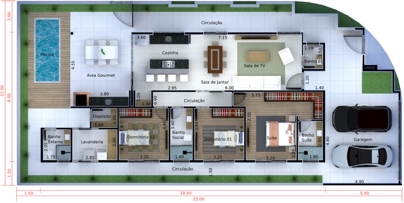 Planta de casa de esquina com portão. Planta para terreno 12x25