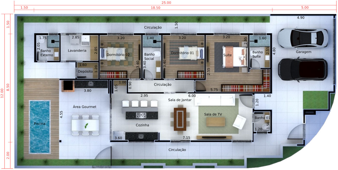 Planta de casa de esquina com portão. Planta para terreno 12x25