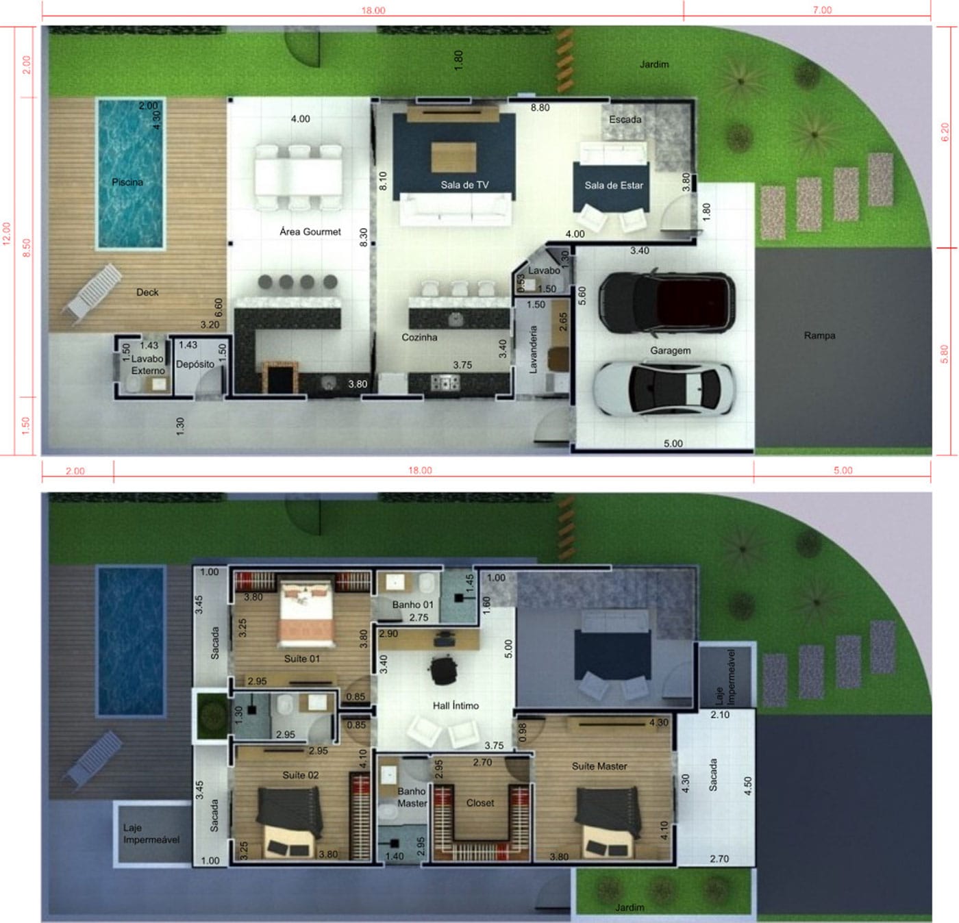 Planta de casa de esquina com 3 quartos. Planta para terreno 12x25