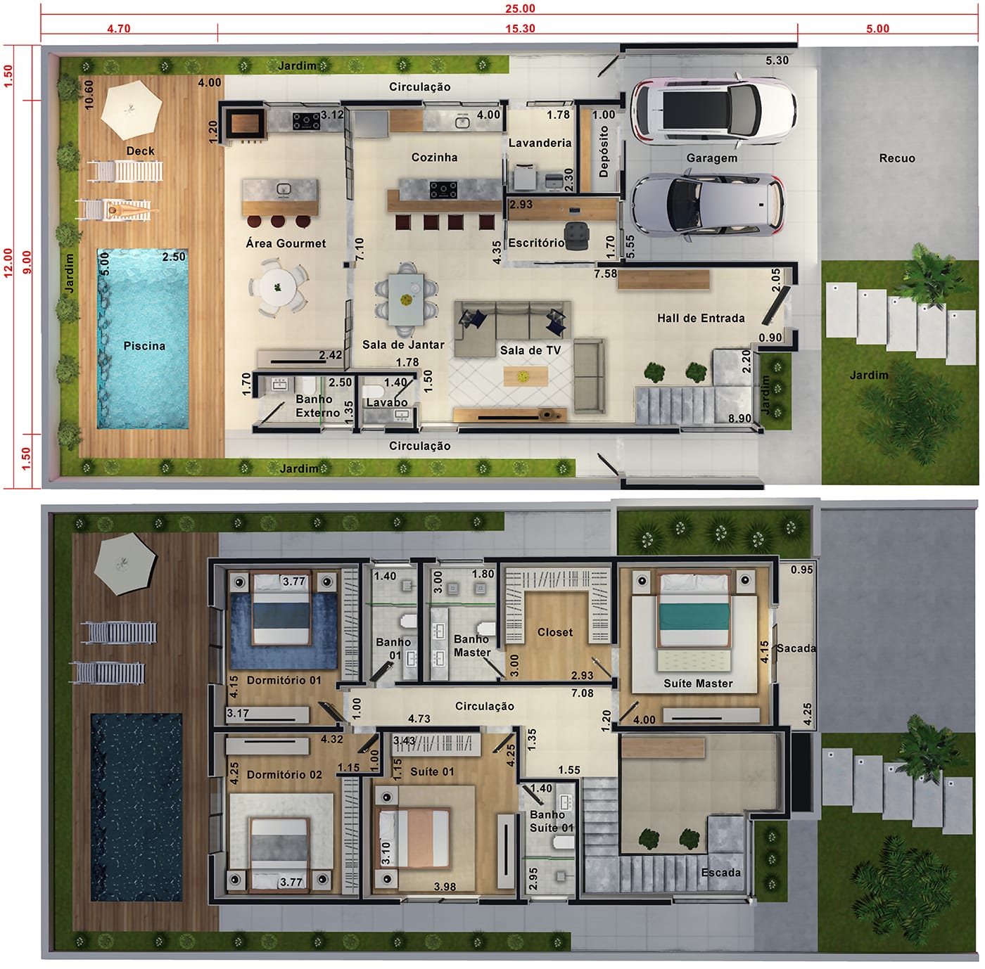 Planta de sobrado com suíte e varanda. Planta para terreno 12x25