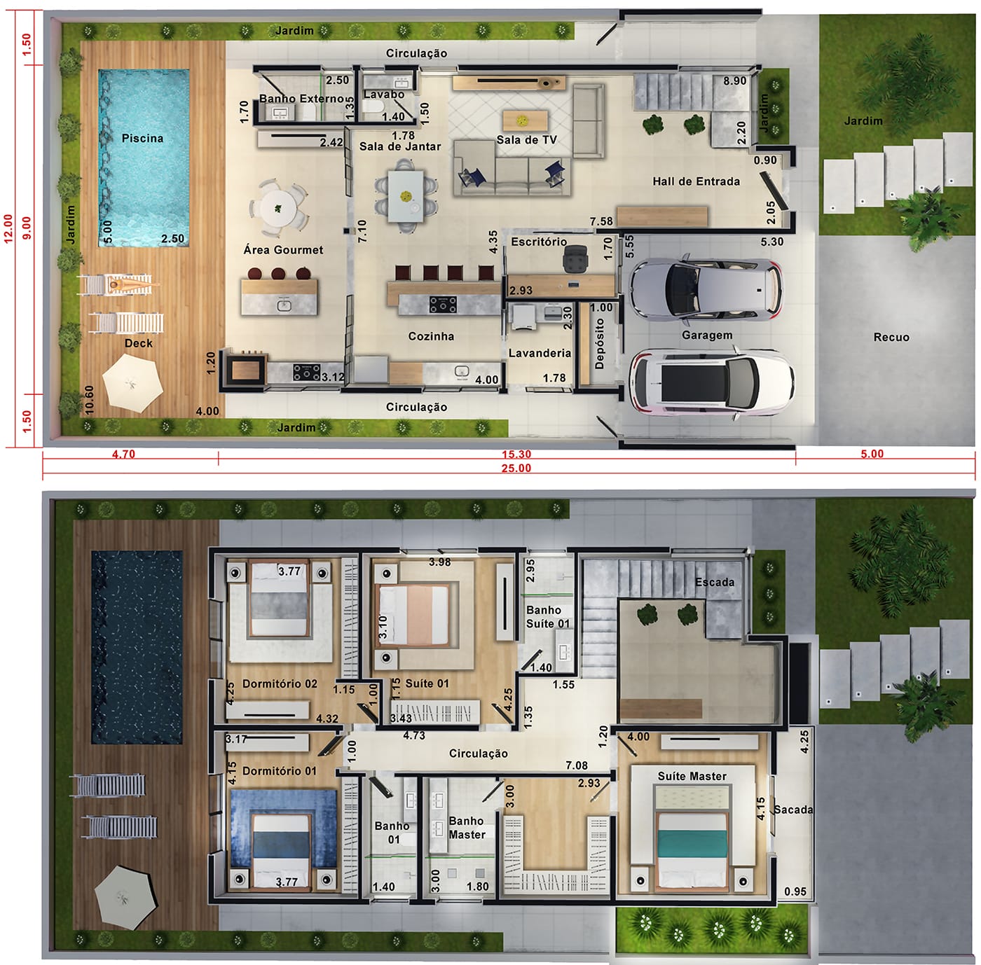 Planta de sobrado com suíte e varanda. Planta para terreno 12x25