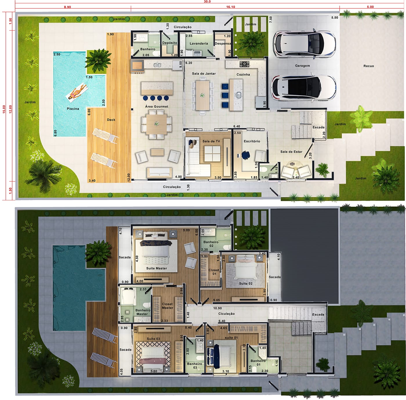 Sobrado com 4 suítes com piscina e deck. Planta para terreno 15x30