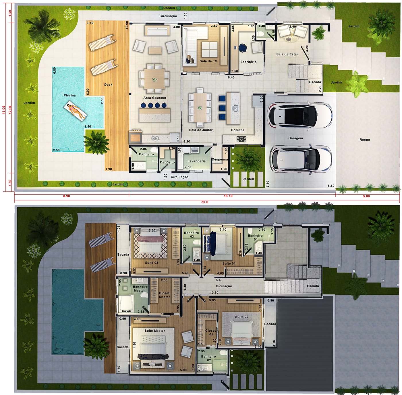 Sobrado com 4 suítes com piscina e deck. Planta para terreno 15x30