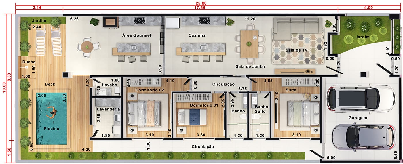 Projeto de casa térrea com pé-direito duplo. Planta para terreno 10x25