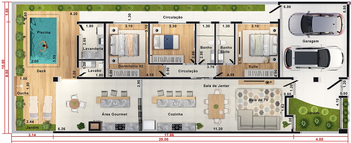 Projeto de casa térrea com pé-direito duplo. Planta para terreno 10x25