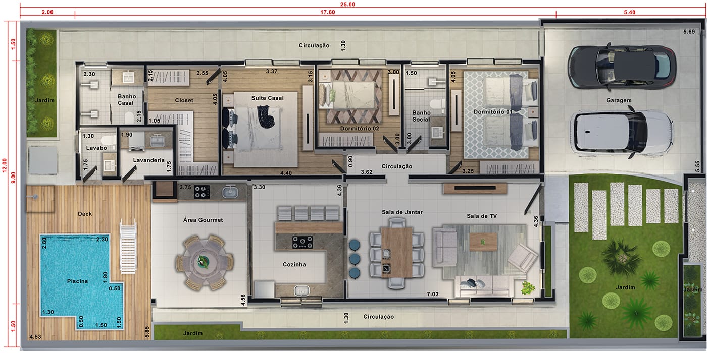 Projeto de casa com área íntima separada. Planta para terreno 12x25