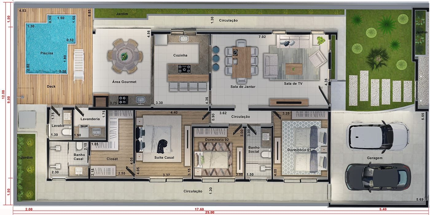 Projeto de casa com área íntima separada. Planta para terreno 12x25