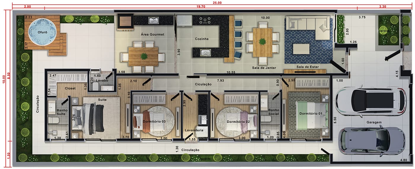 Planta de casa com área gourmet e ofurô. Planta para terreno 10x25