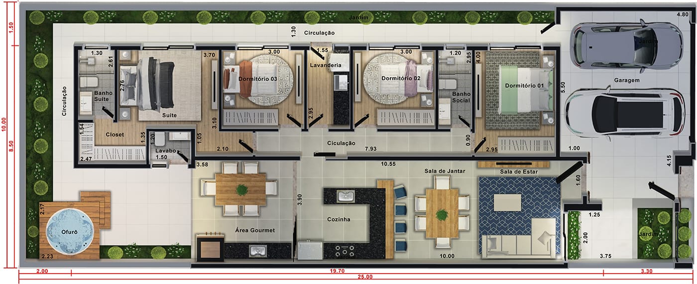 Planta de casa com área gourmet e ofurô. Planta para terreno 10x25