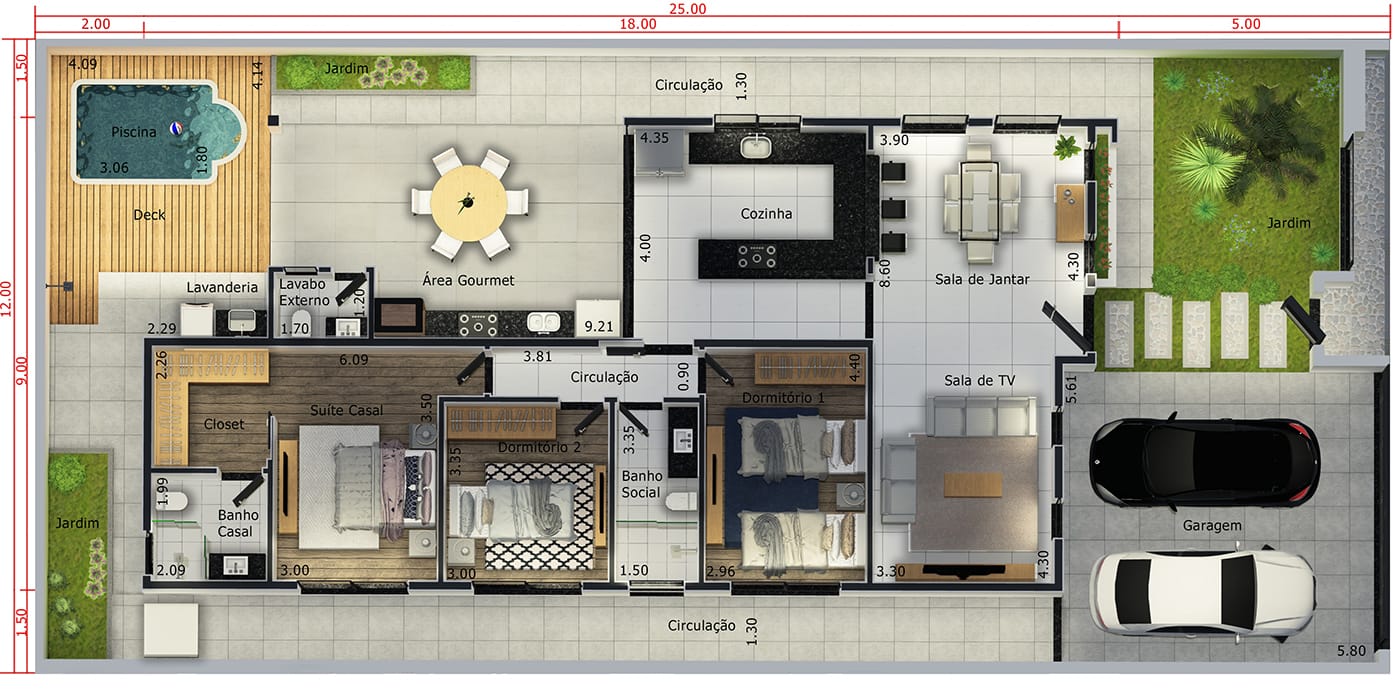 Planta de casa com 2 dormitórios e 1 suíte. Planta para terreno 12x25