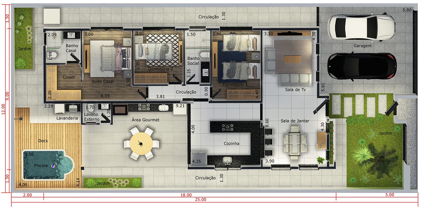 Planta de casa com 2 dormitórios e 1 suíte. Planta para terreno 12x25