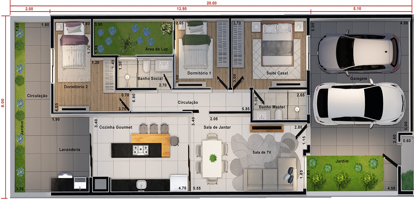 Planta de casa térrea com 2 quartos e 1 suíte. Planta para terreno 8x20