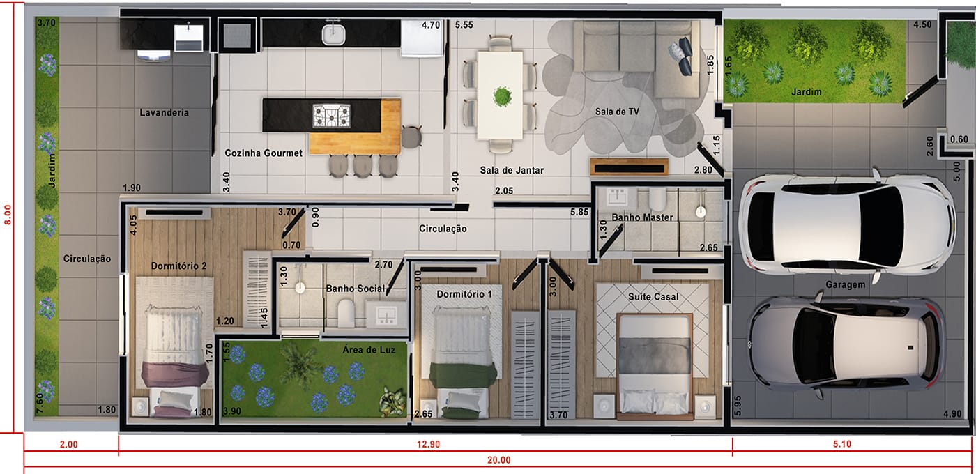 Planta de casa térrea com 2 quartos e 1 suíte. Planta para terreno 8x20