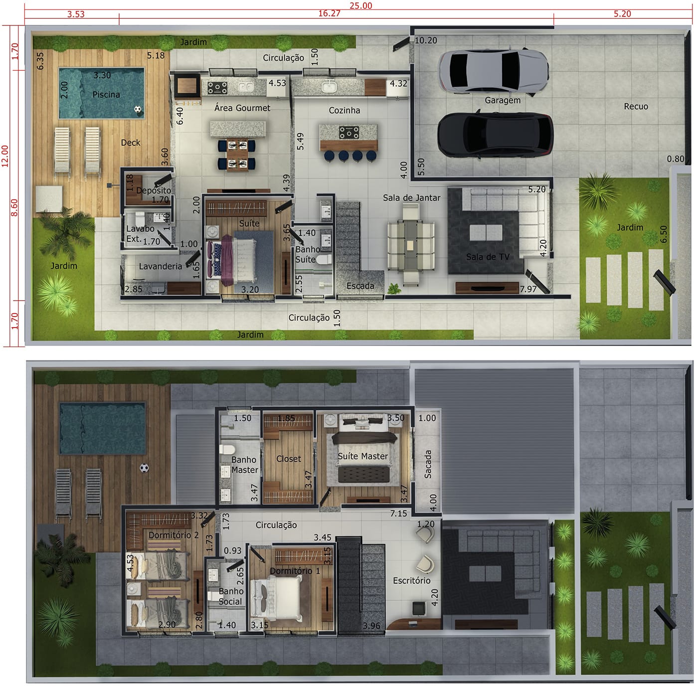 Sobrado com home office e quarto no térreo. Planta para terreno 12x25