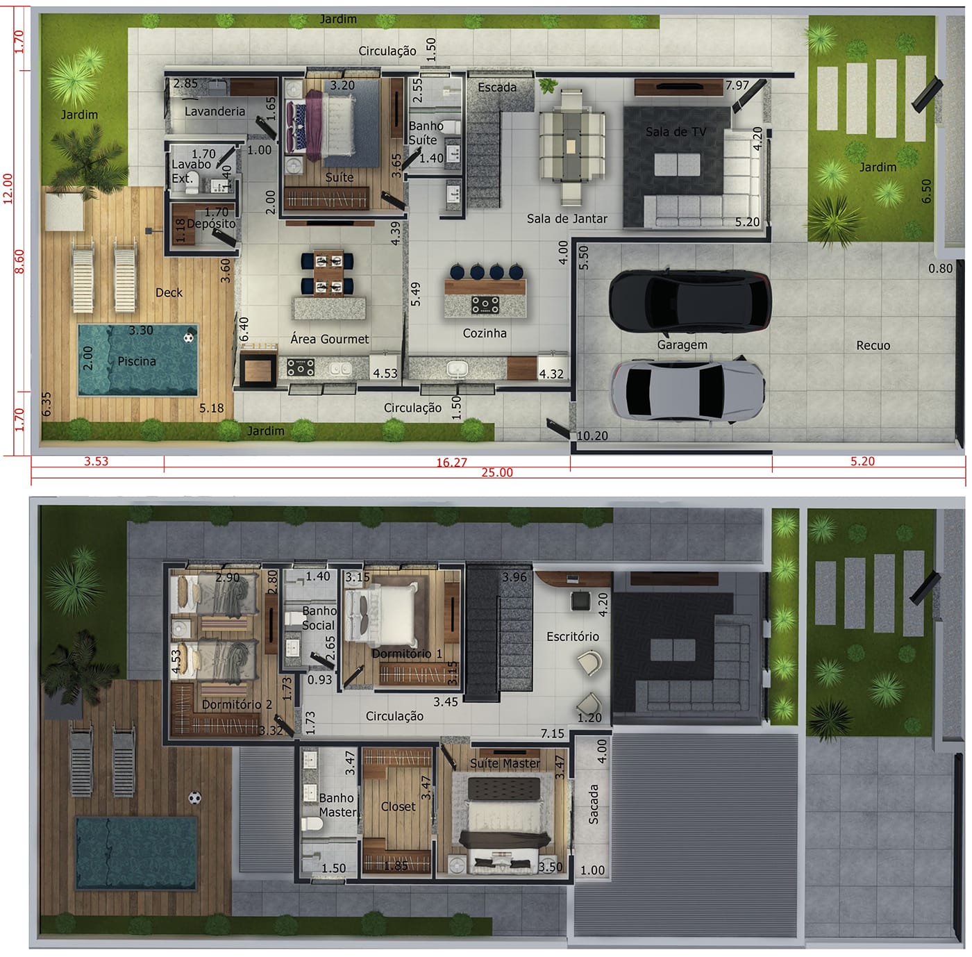 Sobrado com home office e quarto no térreo. Planta para terreno 12x25