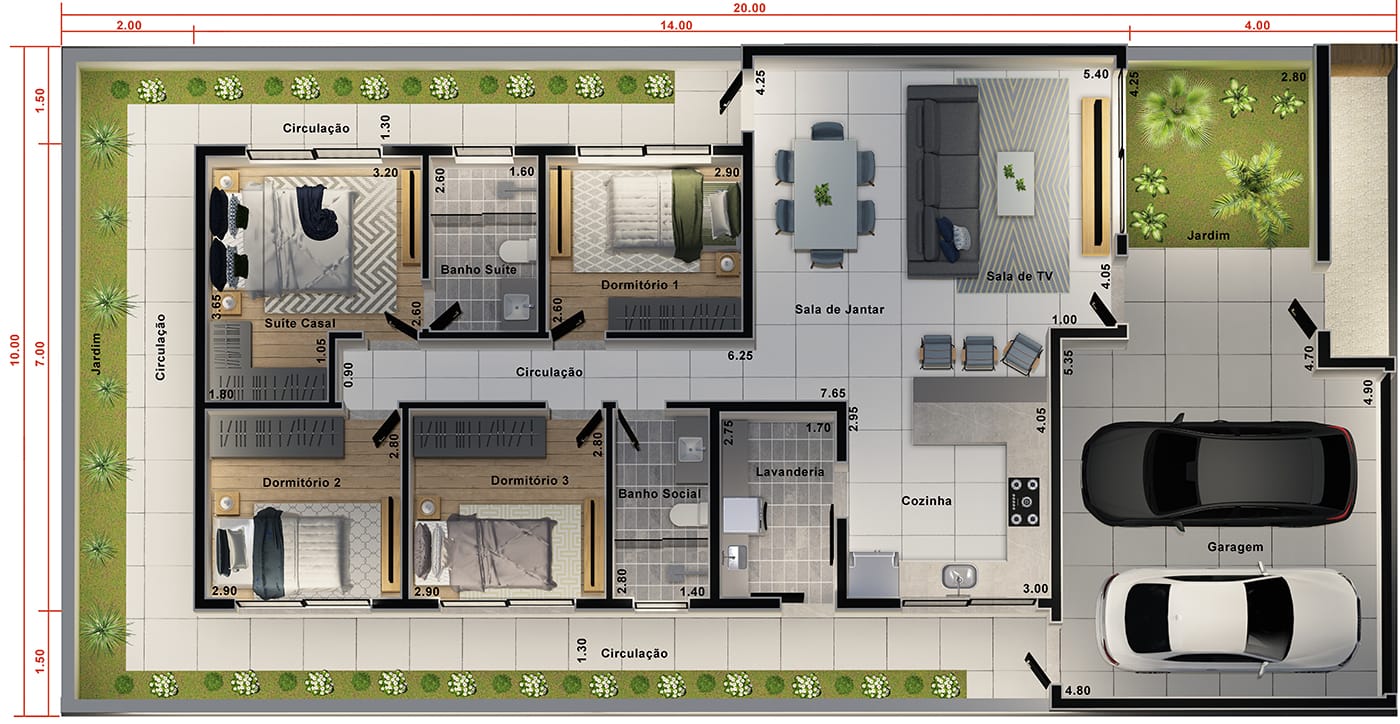 Projeto de casa térrea funcional. Planta para terreno 10x20