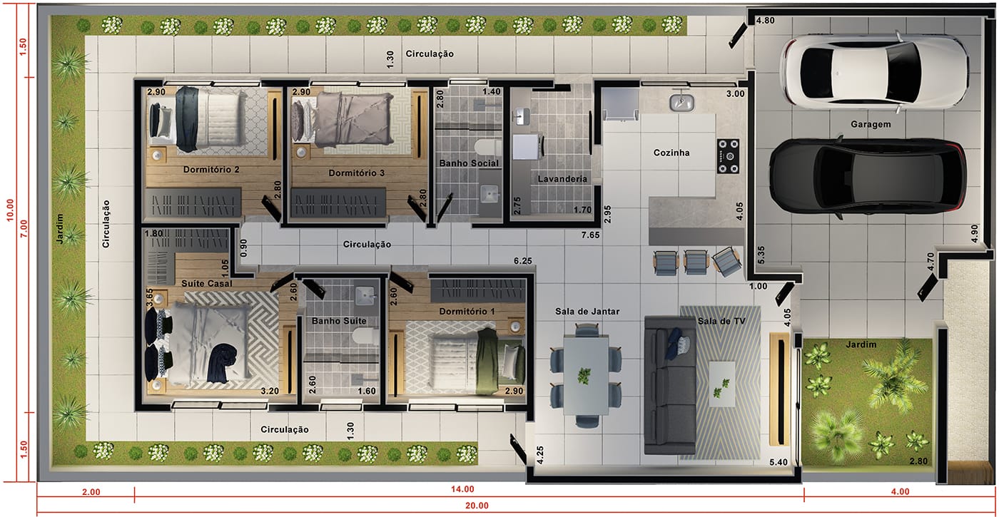 Projeto de casa térrea funcional. Planta para terreno 10x20