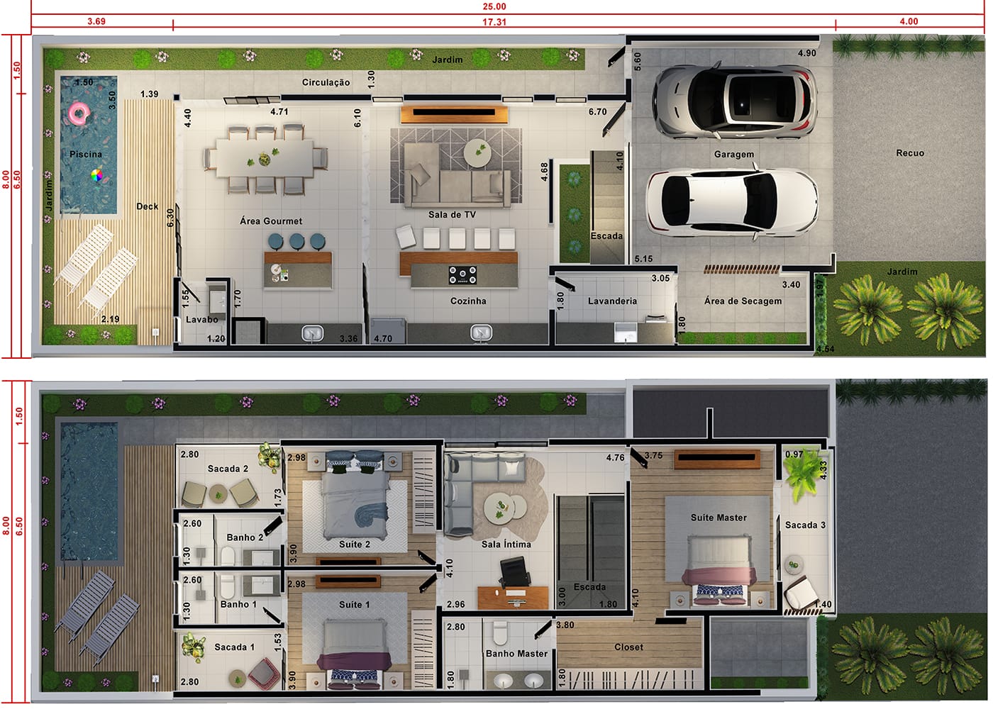 Sobrado com sala íntima e 3 suítes. Planta para terreno 8x25