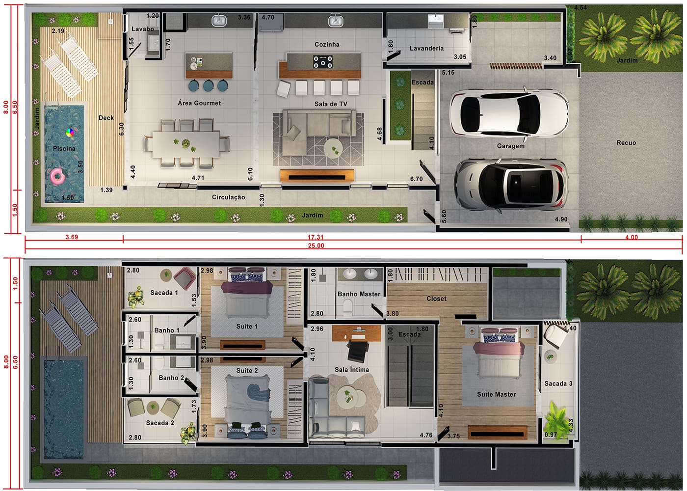 Sobrado com sala íntima e 3 suítes. Planta para terreno 8x25