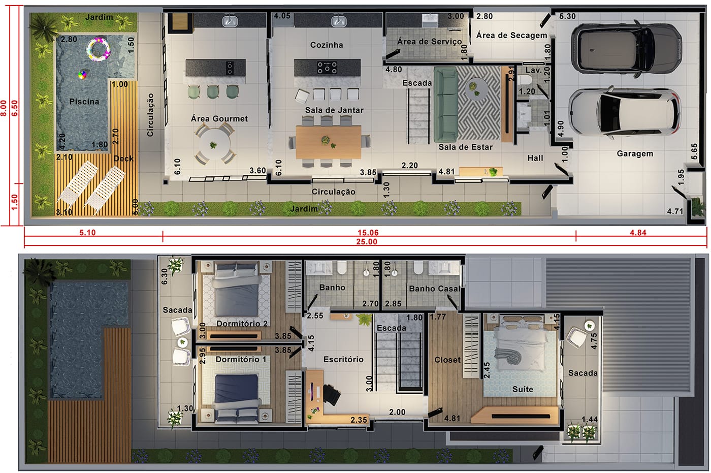 Planta de sobrado com fachada clean. Planta para terreno 8x25