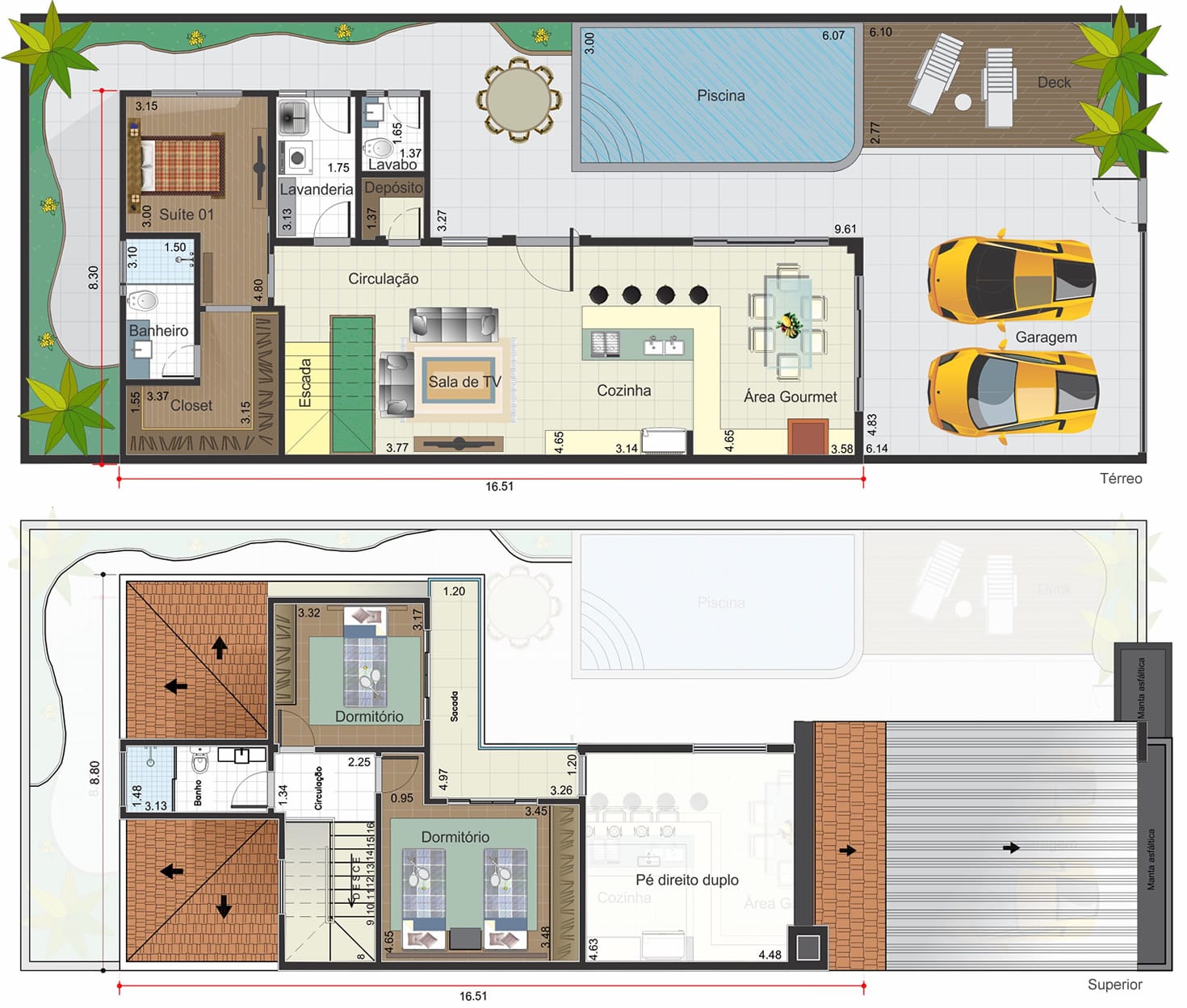 Planta de sobrado com quarto no térreo. Planta para terreno 10x25