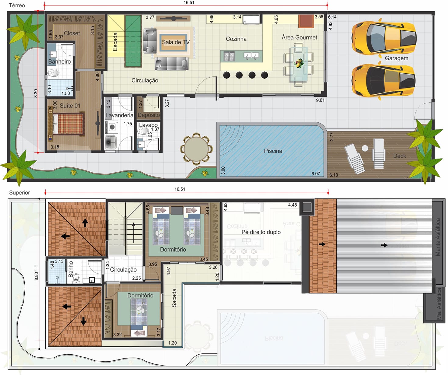 Planta de sobrado com quarto no térreo. Planta para terreno 10x25