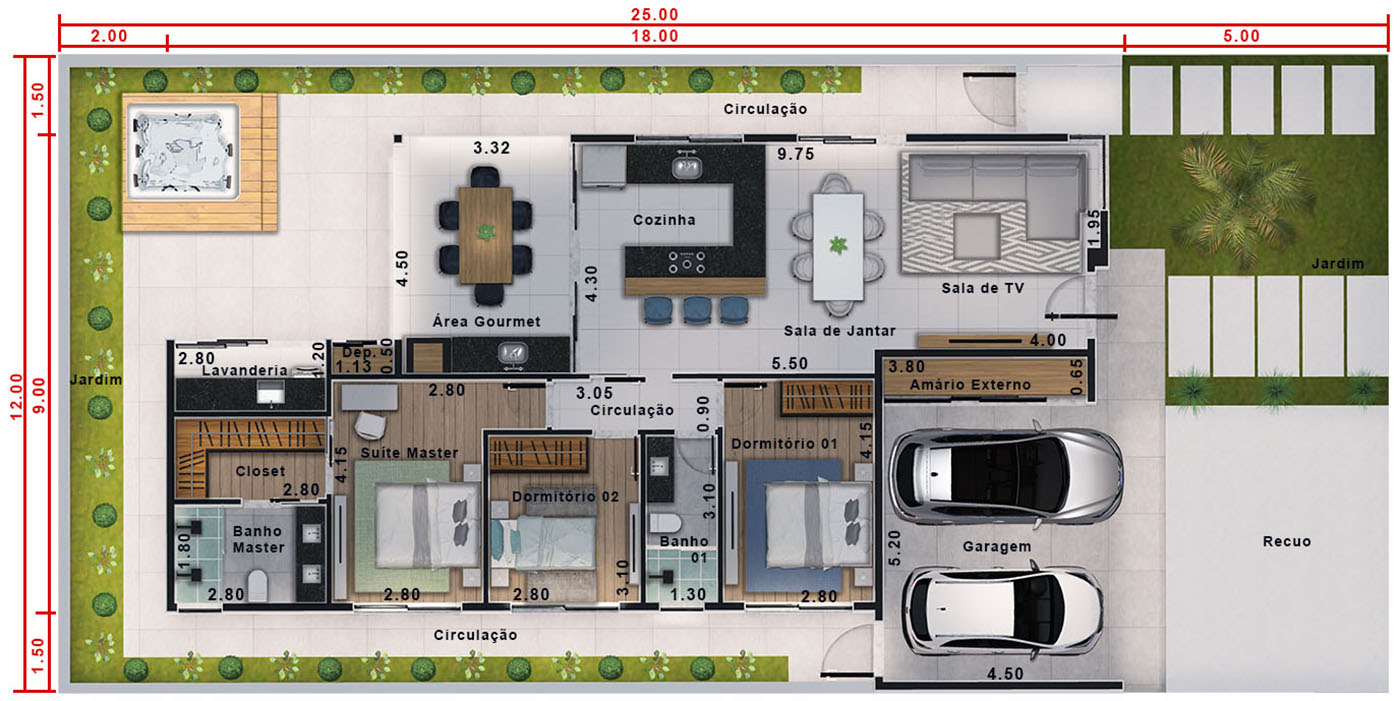 Planta de casa térrea com ofurô. Planta para terreno 12x25