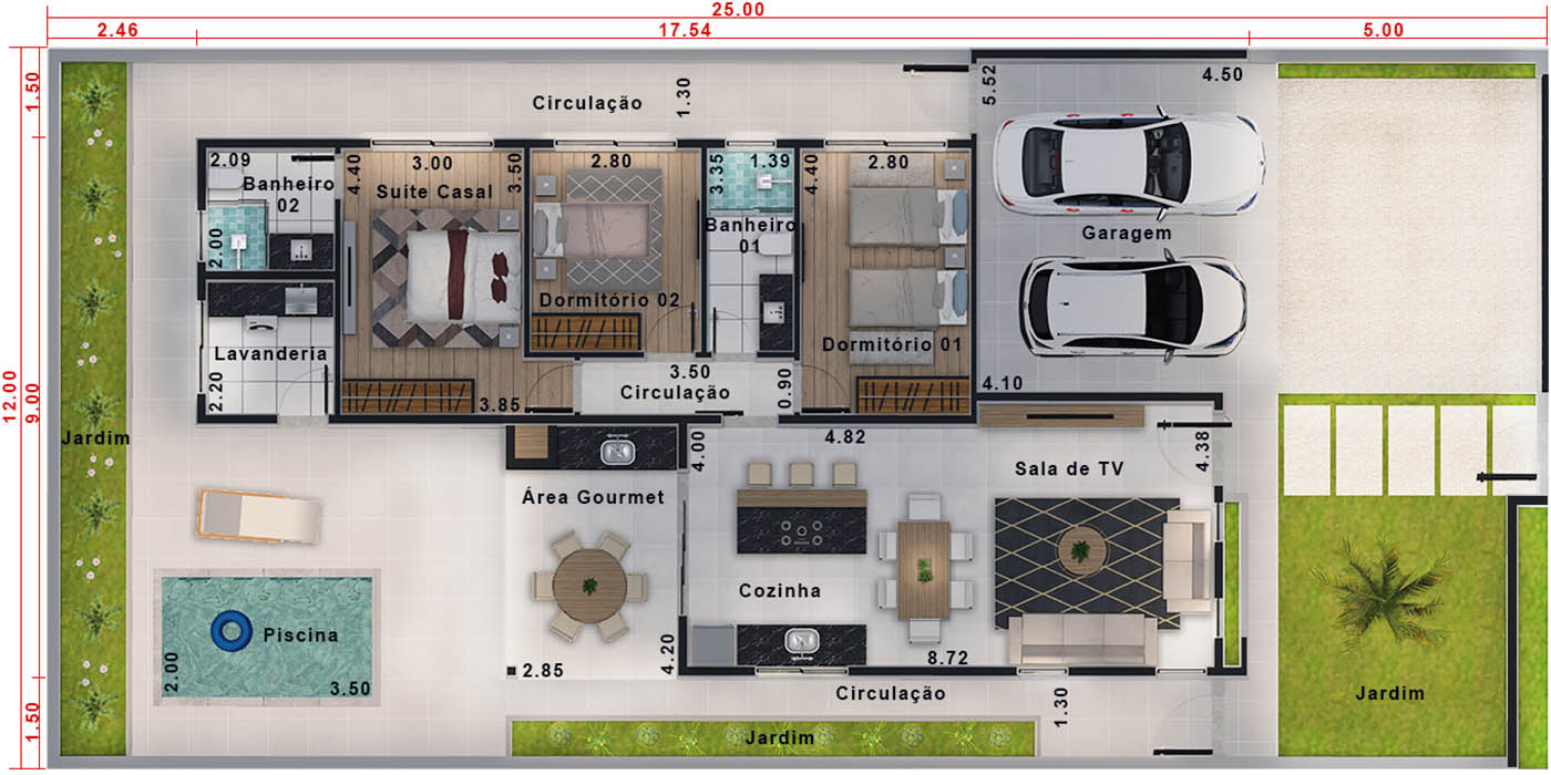 Projeto térreo com portão vazado . Planta para terreno 12x25