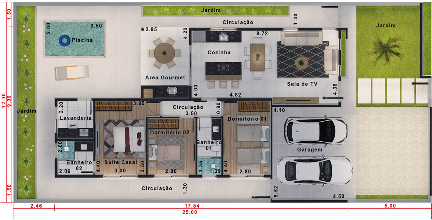 Projeto térreo com portão vazado . Planta para terreno 12x25