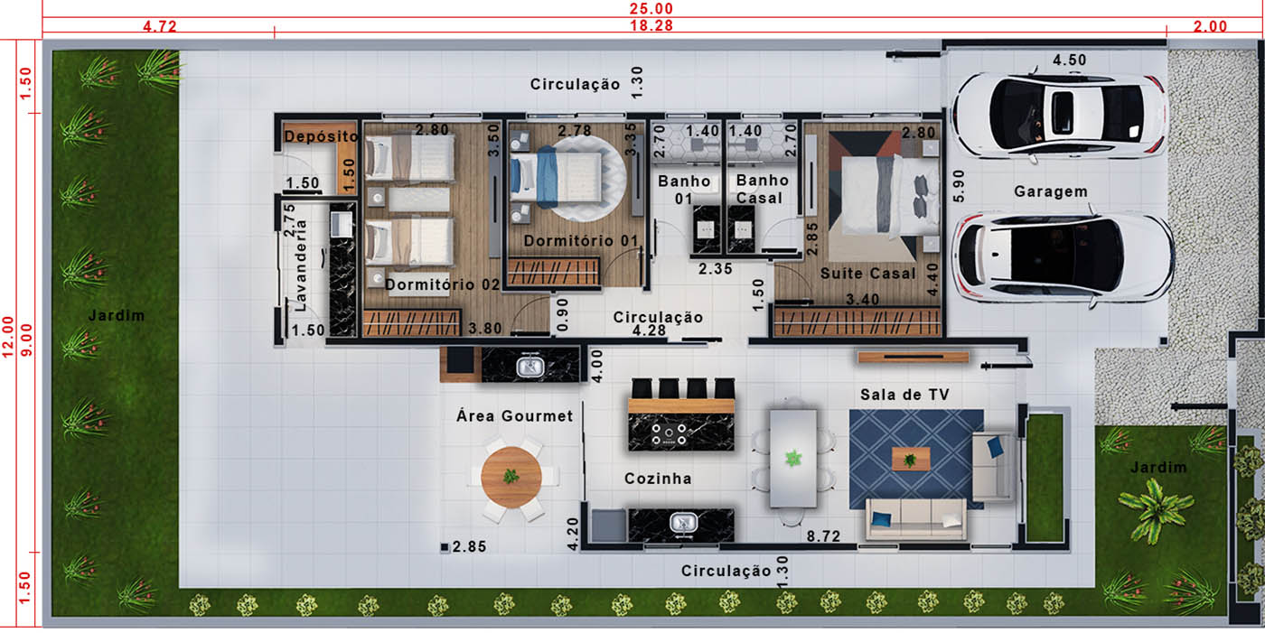 Casa térrea com muro de vidro. Planta para terreno 12x25