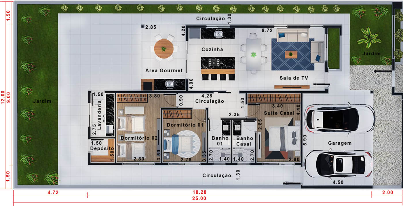 Casa térrea com muro de vidro. Planta para terreno 12x25