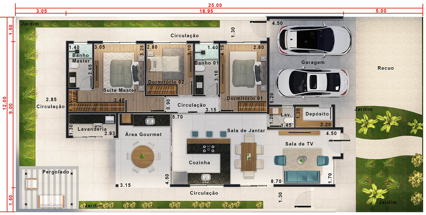 Projeto em condomínio sem piscina. Planta para terreno 12x25