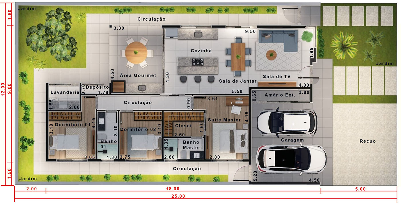 Projeto com fachada de tijolinho à vista. Planta para terreno 12x25