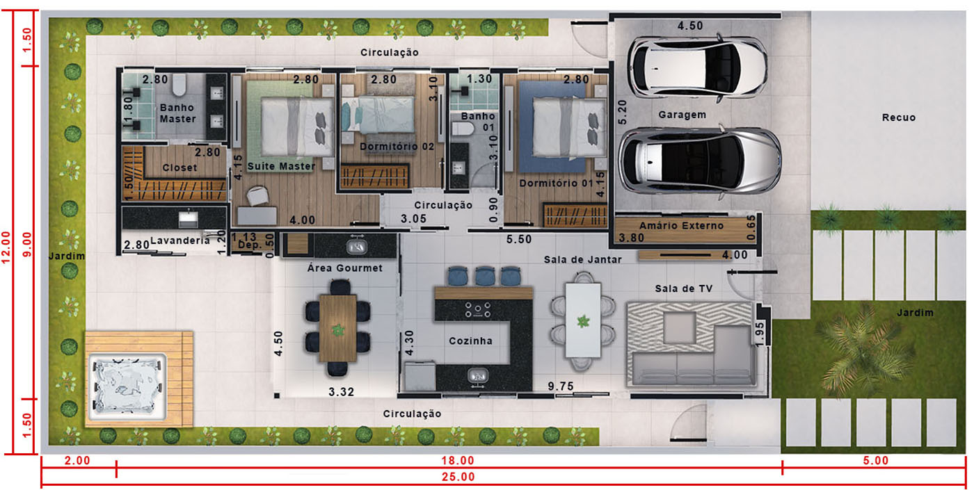 Projeto de casa térrea com ofurô. Planta para terreno 12x25