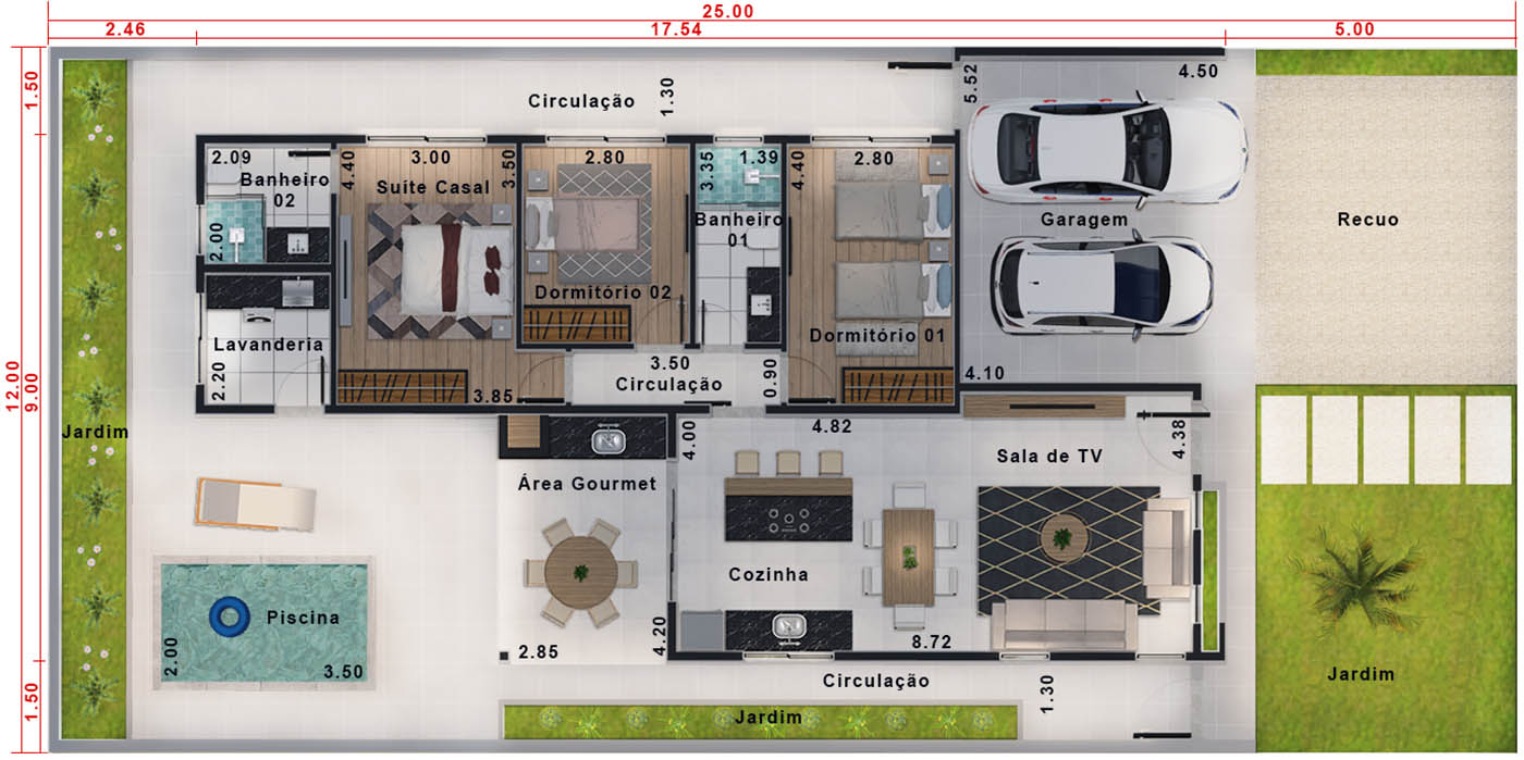 Projeto em condomínio com piscina . Planta para terreno 12x25