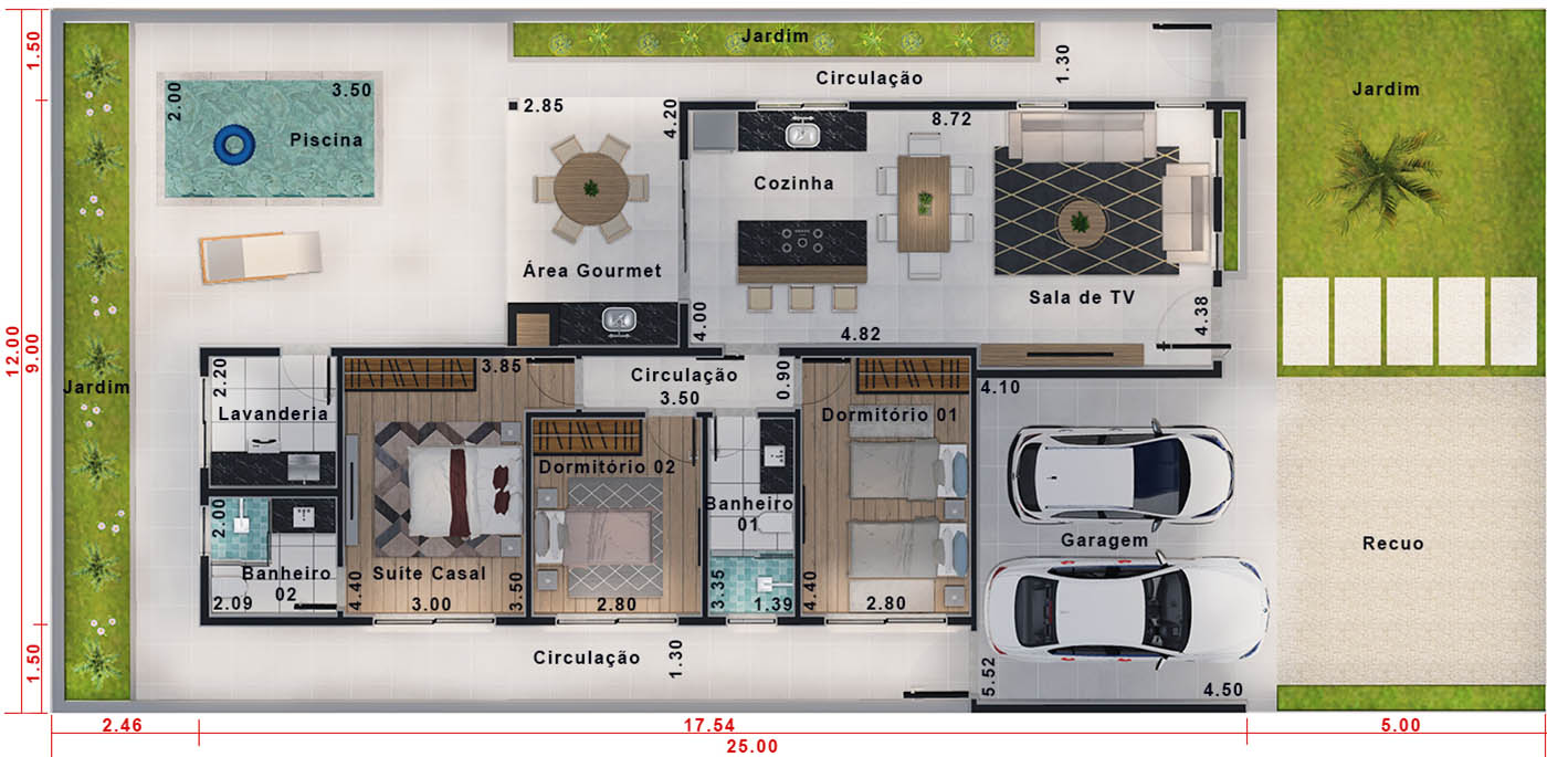 Projeto em condomínio com piscina . Planta para terreno 12x25