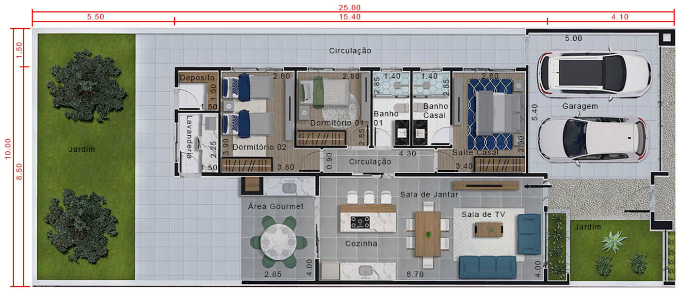 Planta de casa moderna com portão . Planta para terreno 10x25