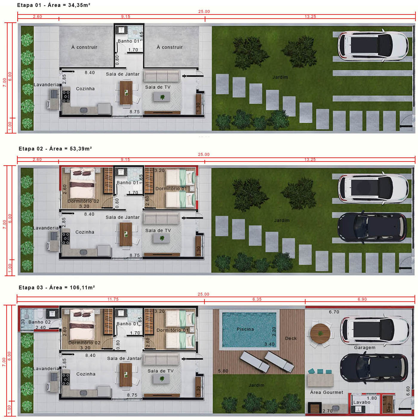 Projeto Minha Casa Minha Vida com suíte . Planta para terreno 7x25