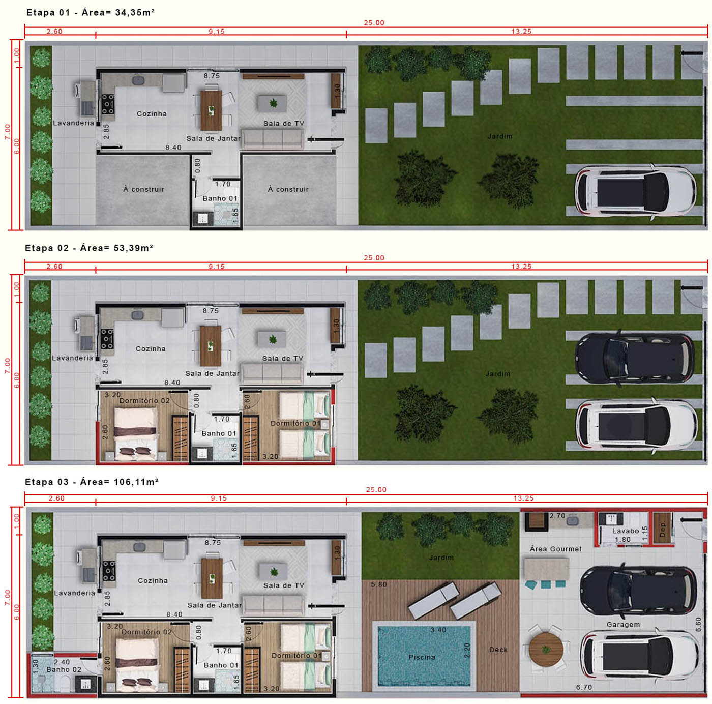 Projeto Minha Casa Minha Vida com suíte . Planta para terreno 7x25