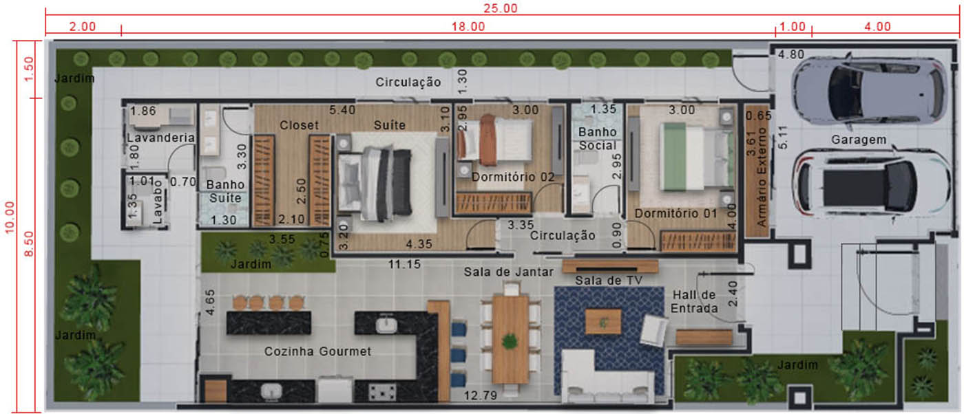 Planta de casa moderna e imponente. Planta para terreno 10x25